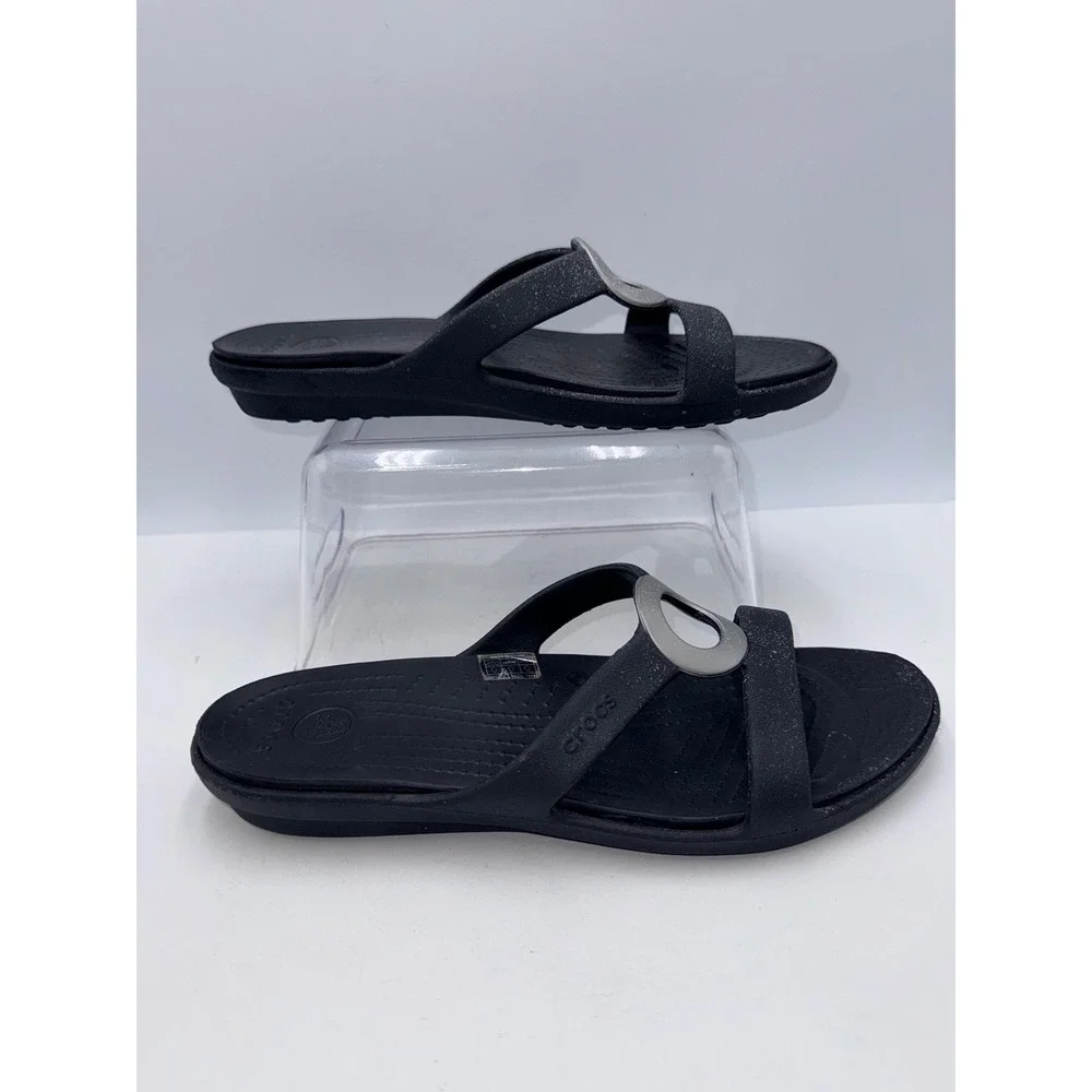 Crocs Sanrah Glitter Circle Sandal Womens Size 7 Black  Comfort Slides